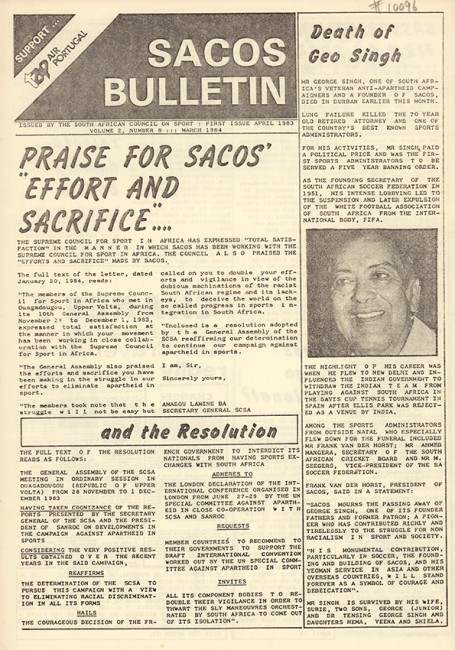 Sacos Bulletin by South African Council on Sport